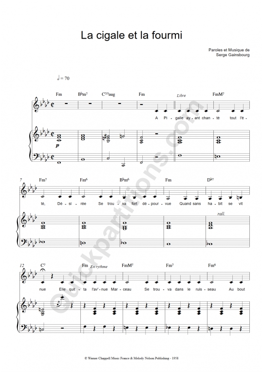 Partition piano La cigale et la fourmi - Serge Gainsbourg