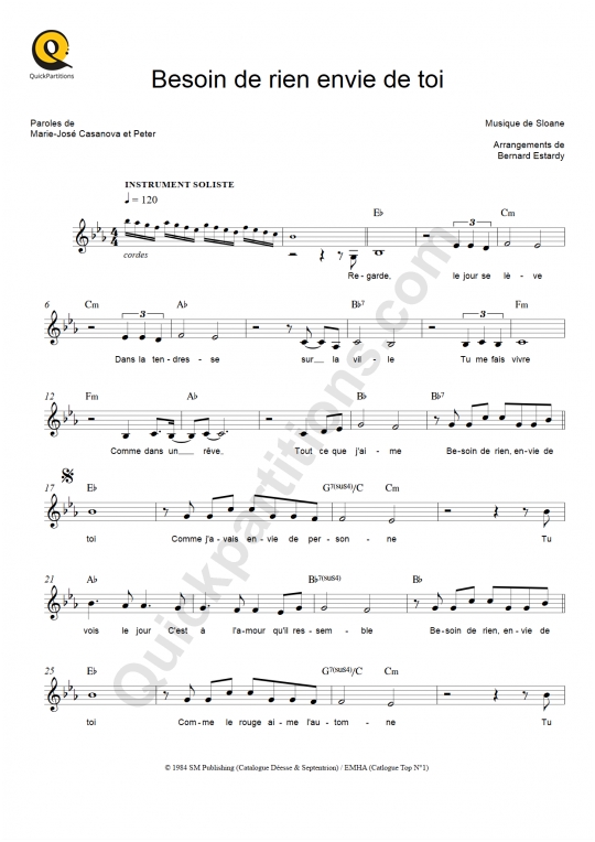 Partition pour Instruments Solistes Besoin de rien envie de toi - Peter et Sloane