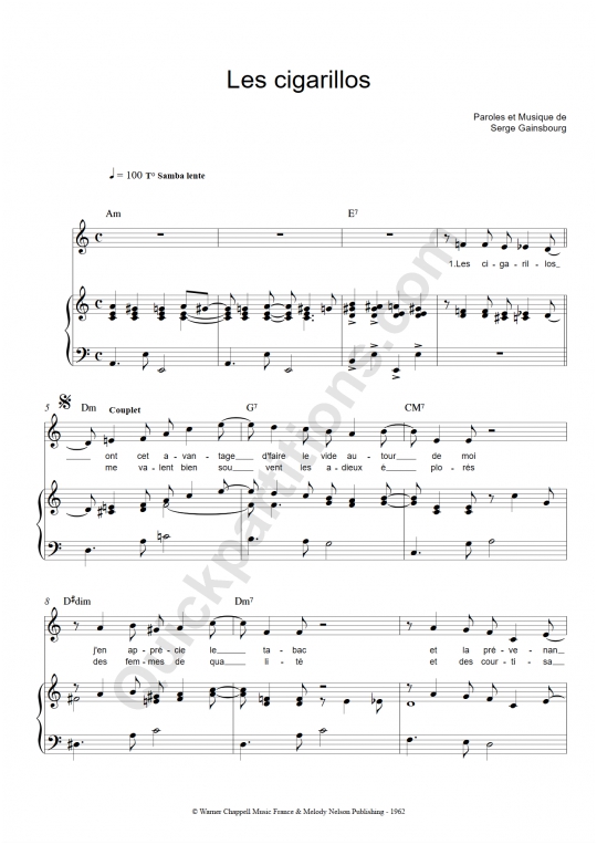 Partition piano Les cigarillos - Serge Gainsbourg