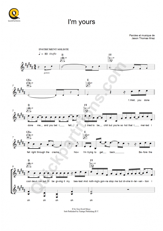 Partition pour Instruments Solistes I'm Yours - Jason Mraz
