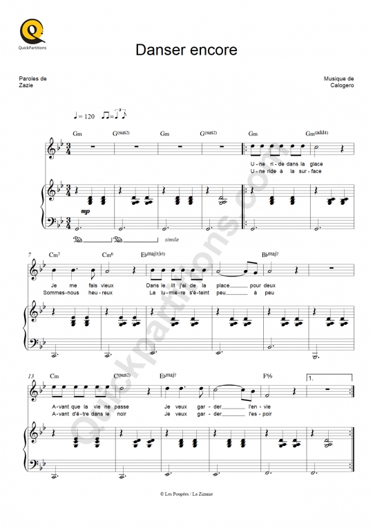 Partition piano Danser encore - Calogero