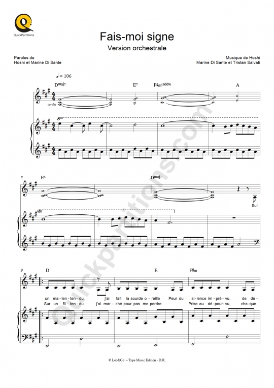 Partition Piano Fais moi Signe version Orchestrale De Hoshi