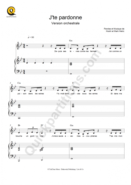 J'te pardonne (version orchestrale) Piano Sheet Music from Hoshi