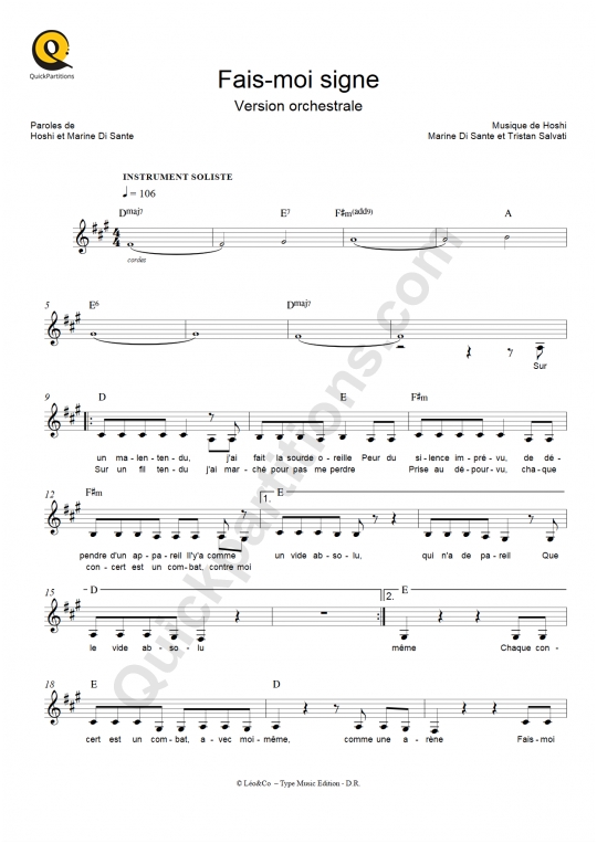 Fais-moi signe (version orchestrale) Leadsheet Sheet Music from Hoshi