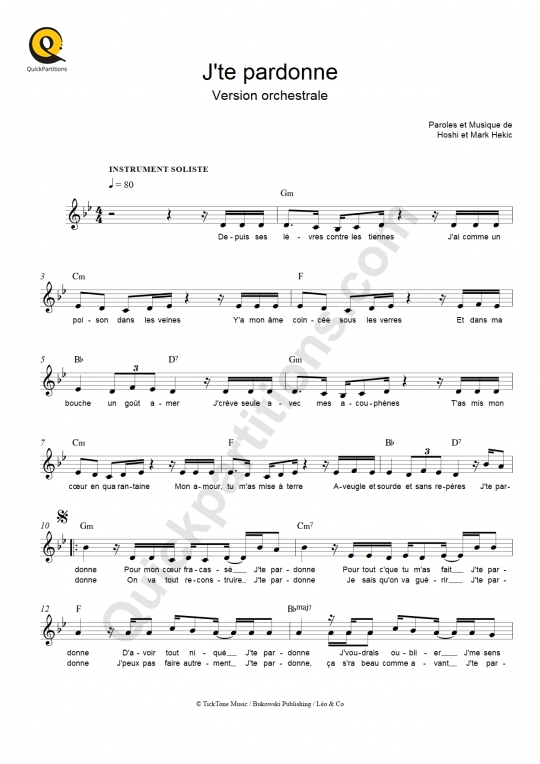 Partition pour Instruments Solistes J'te pardonne (version orchestrale) - Hoshi