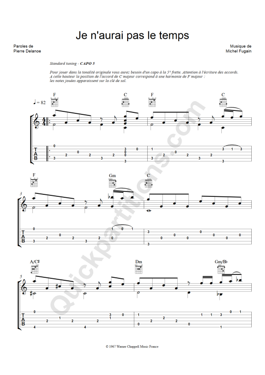 Tablature Guitare Je n'aurai pas le temps - Olivier Gaucher
