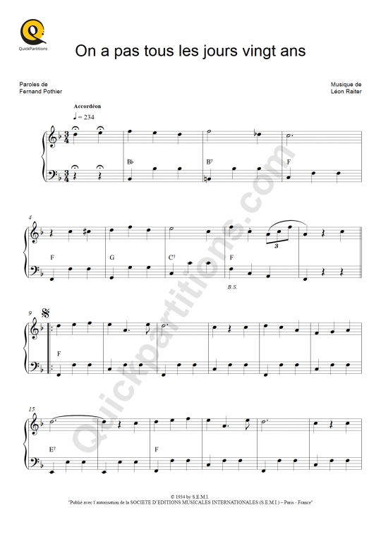 On a pas tous les jours vingt ans Accordion Sheet Music - Berthe Sylva