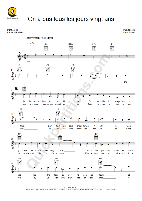 Partition pour Instruments Solistes On a pas tous les jours vingt ans - Berthe Sylva