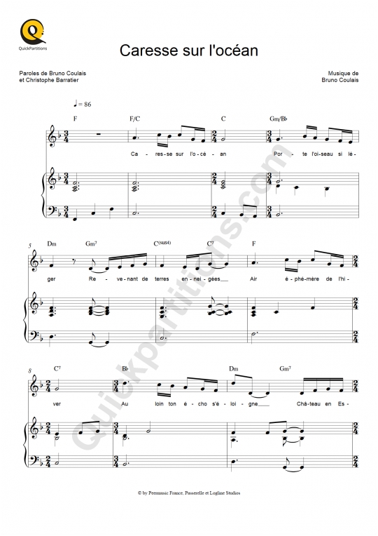 Partition piano Caresse sur l'océan - Les Choristes