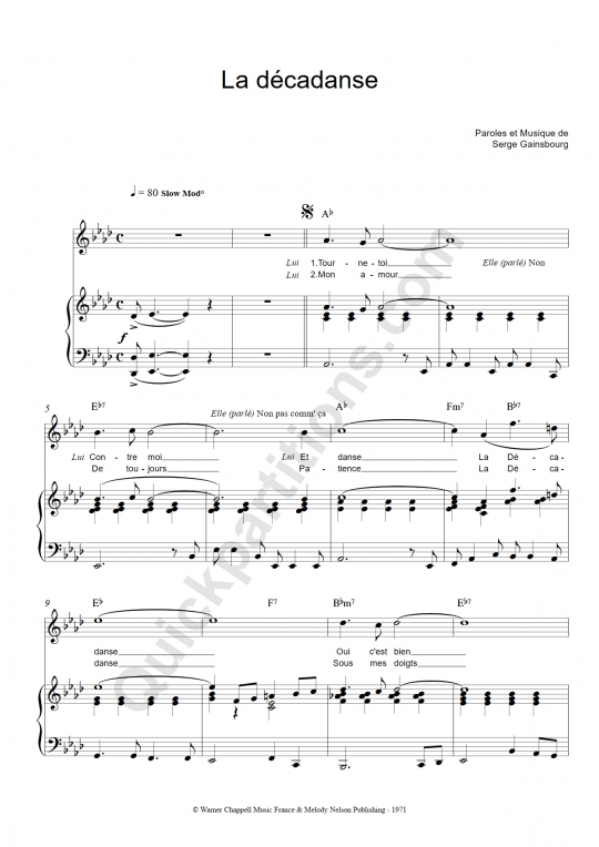 Partition piano La décadanse - Serge Gainsbourg