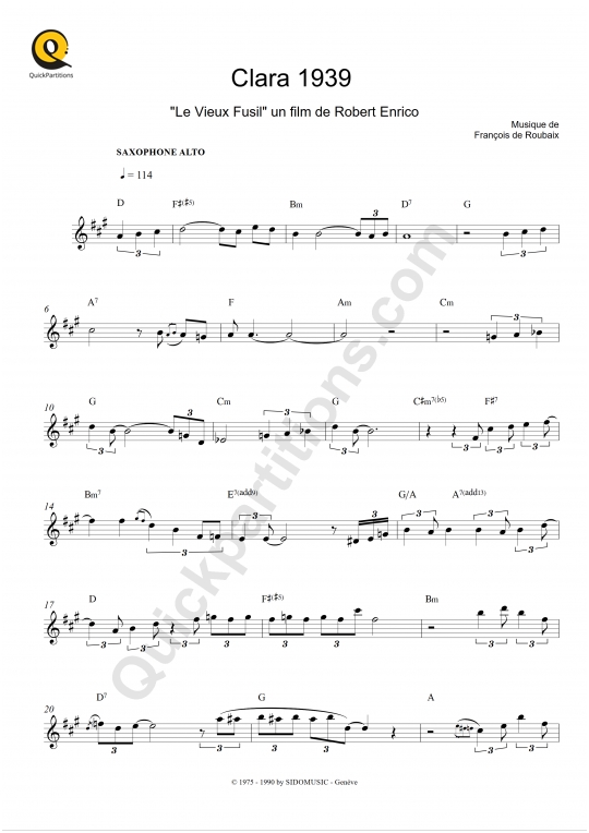Partition saxophone alto Clara 1939 (Le vieux fusil) de François De Roubaix