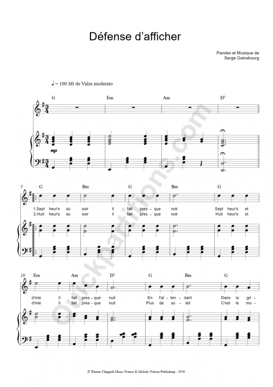 Partition piano Défense d'afficher - Serge Gainsbourg