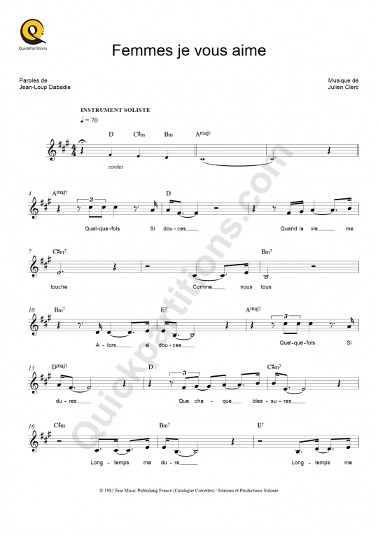 Femmes je vous aime Leadsheet Sheet Music - Julien Clerc