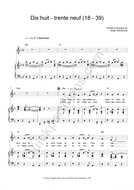 Partition piano Dix huit - trente neuf (18-39) - Serge Gainsbourg