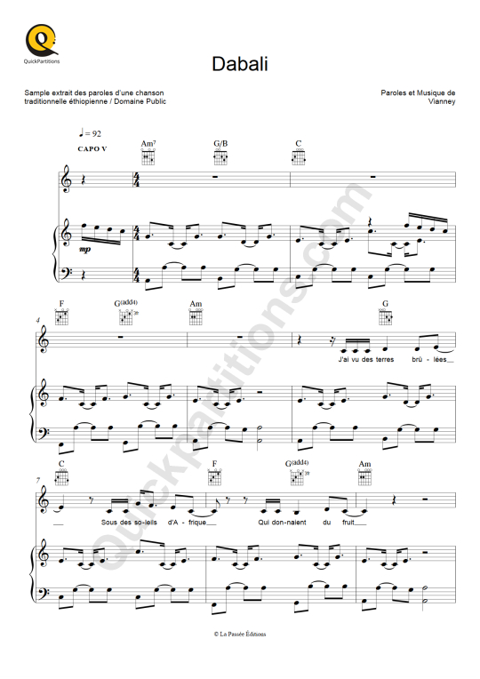 Dabali Piano Sheet Music - Vianney