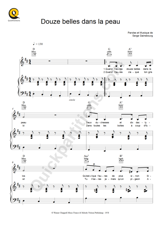 Partition piano Douze belles dans la peau (12 belles dans la peau) - Serge Gainsbourg