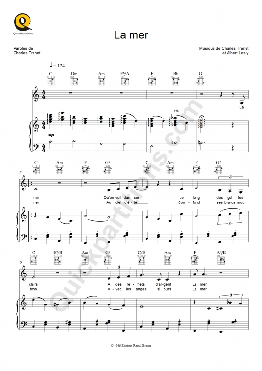 Partition piano La mer - Charles Trenet