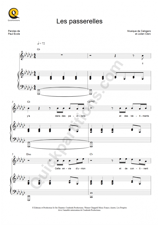 Les passerelles Piano Sheet Music - Florent Pagny