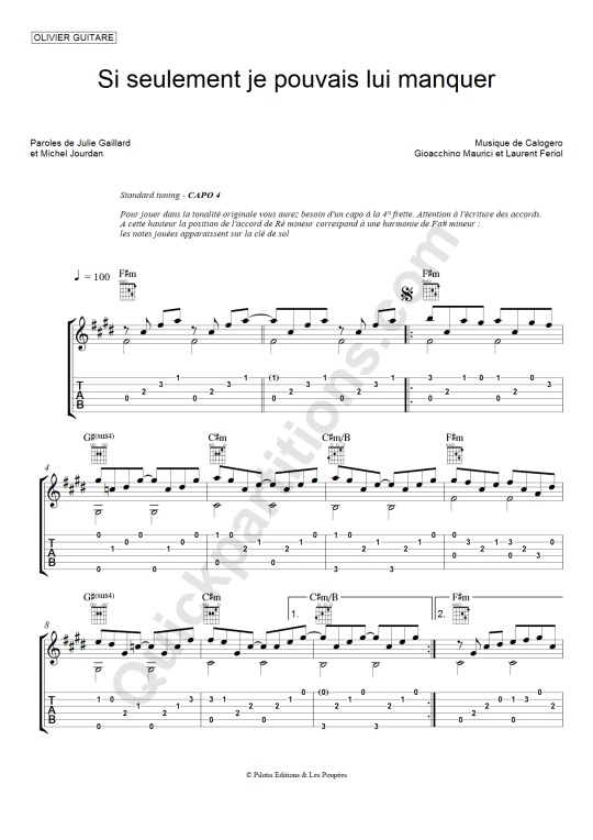 Tablature Guitare Si seulement je pouvais lui manquer - Olivier Gaucher
