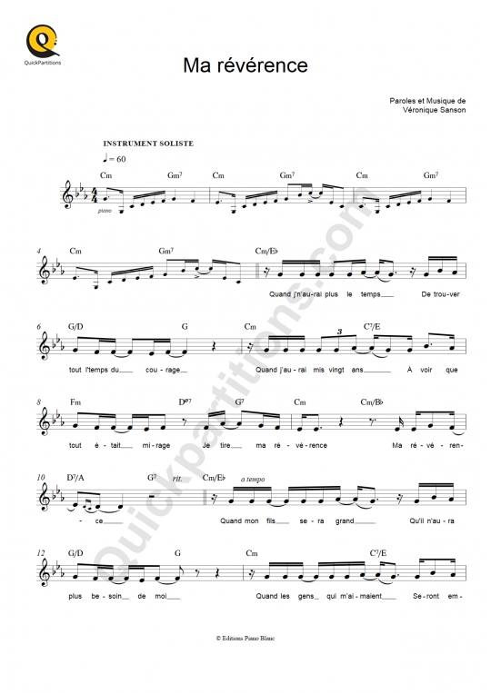 Partition pour Instruments Solistes Ma révérence - Véronique Sanson