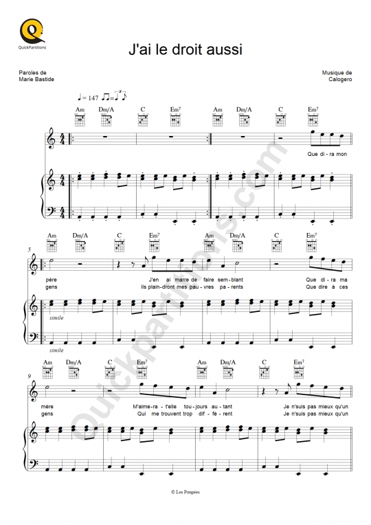 Partition piano J'ai le droit aussi - Calogero