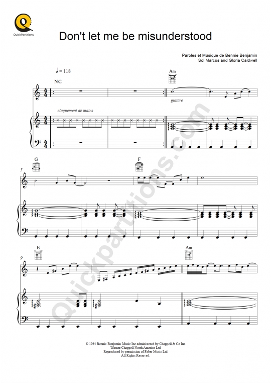 Partition piano Don't let me be misunderstood - Santa Esmeralda
