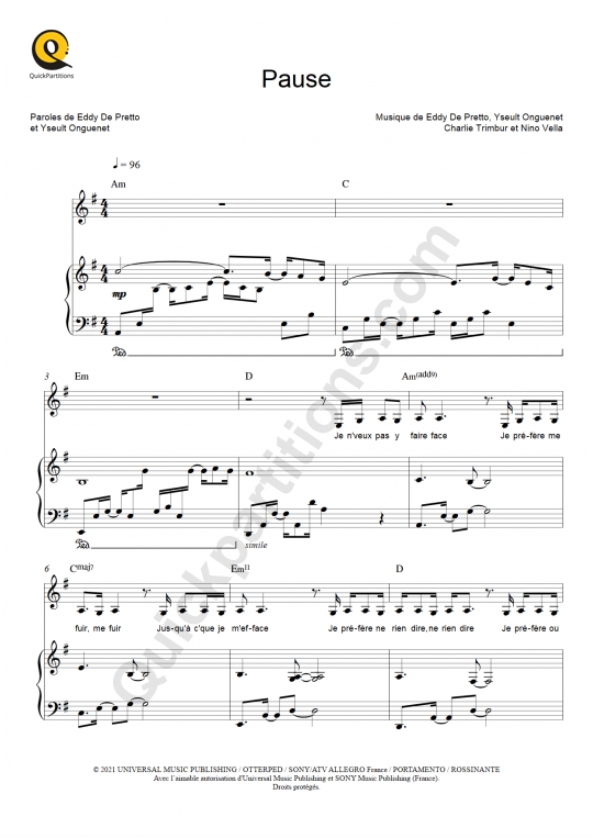 Partition piano Pause - Eddy de Pretto et Yseult