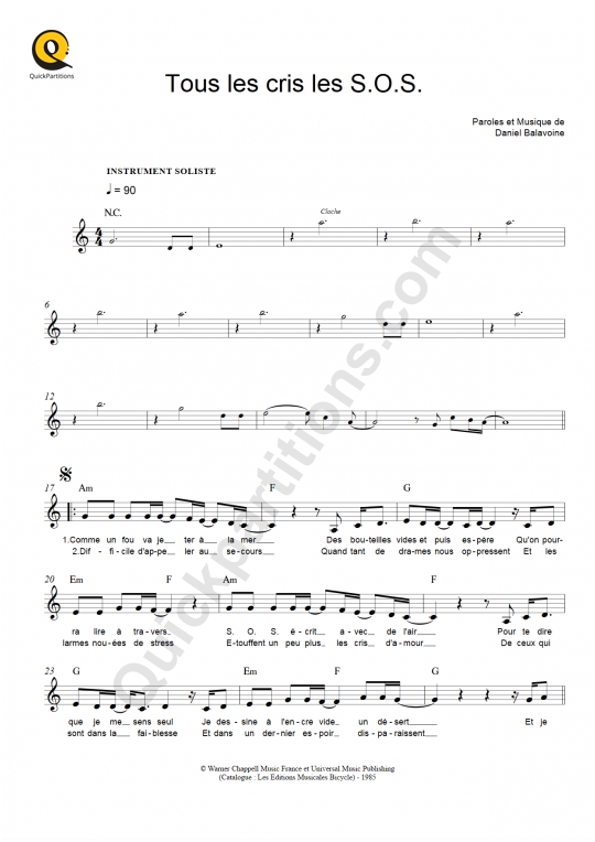 Tous les cris les S.O.S. Leadsheet Sheet Music - Daniel Balavoine