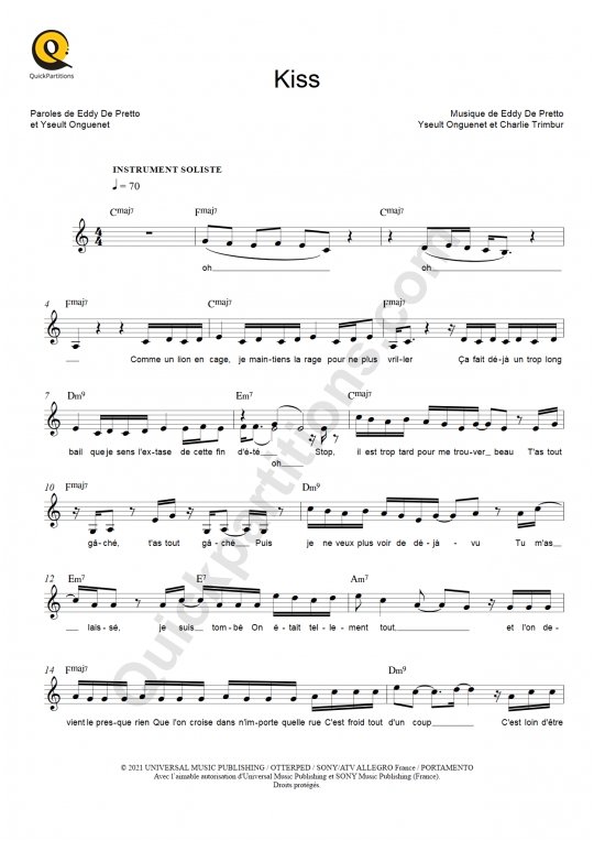 Kiss Leadsheet Sheet Music from Eddy de Pretto et Yseult