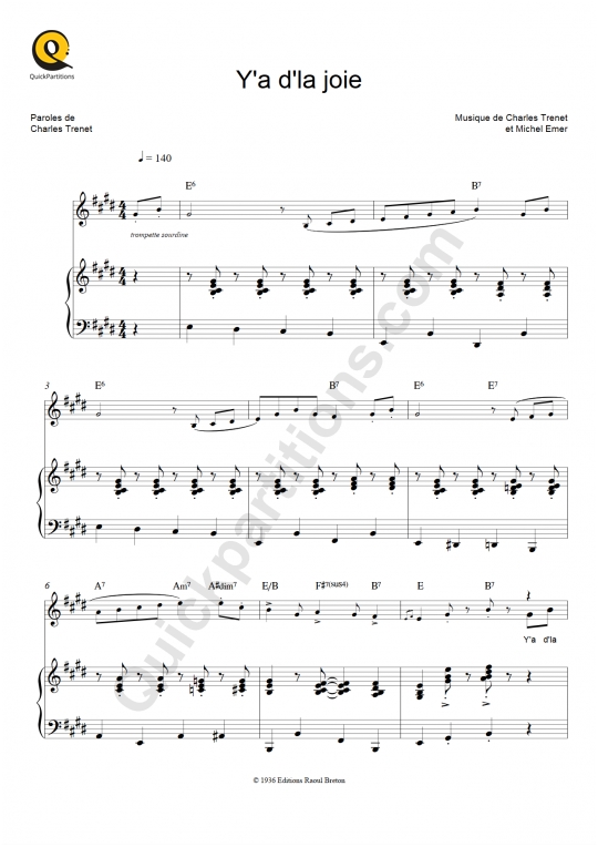 Partition piano Y'a d'la joie de Charles Trenet