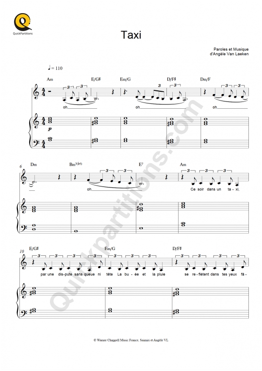Partition piano Taxi - Angèle