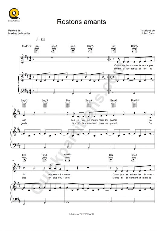 Partition piano Restons amants - Maxime Le Forestier