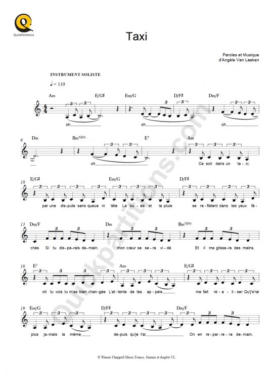 Partition pour Instruments Solistes Taxi - Angèle