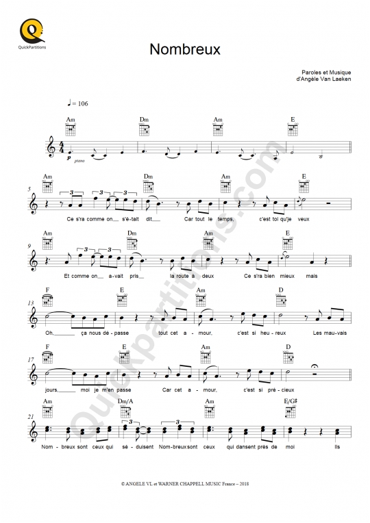 Angèle Nombreux Partition piano - Space Note Gratuite