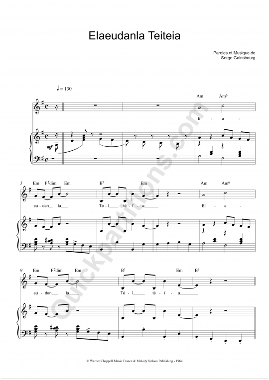 Partition piano Elaeudanla Teiteia - Serge Gainsbourg
