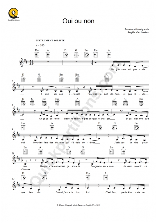 Partition pour Instruments Solistes Oui ou non - Angèle