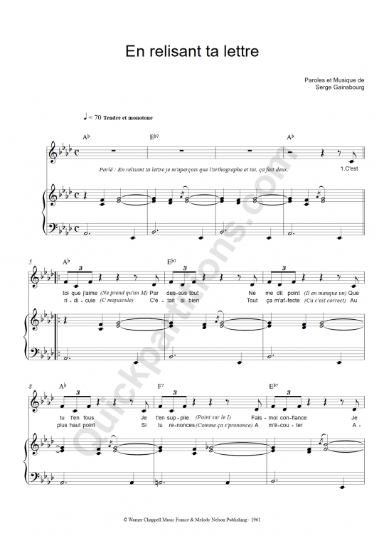 Partition piano En relisant ta lettre - Serge Gainsbourg