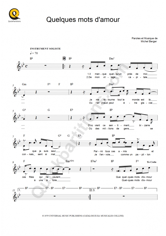 Quelques mots d'amour Leadsheet Sheet Music - Michel Berger