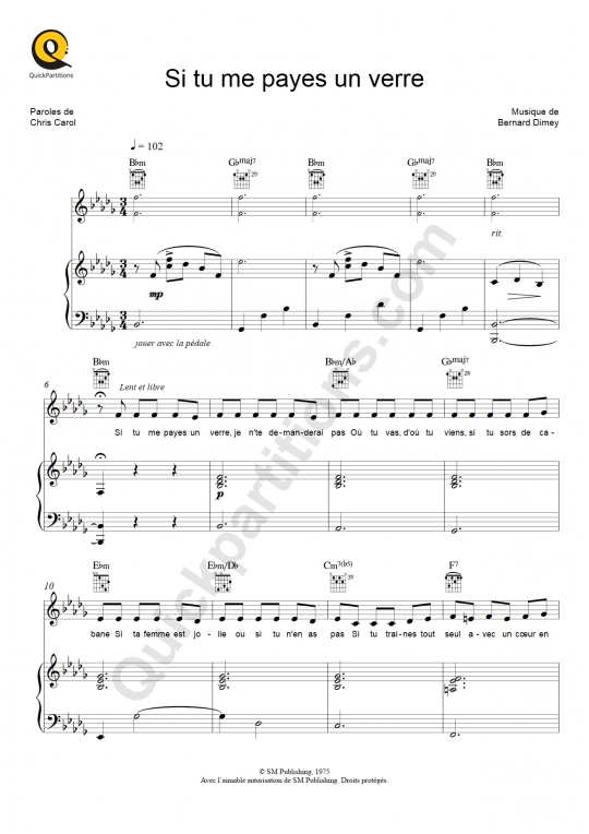 Si tu me payes un verre Piano Sheet Music - Serge Reggiani