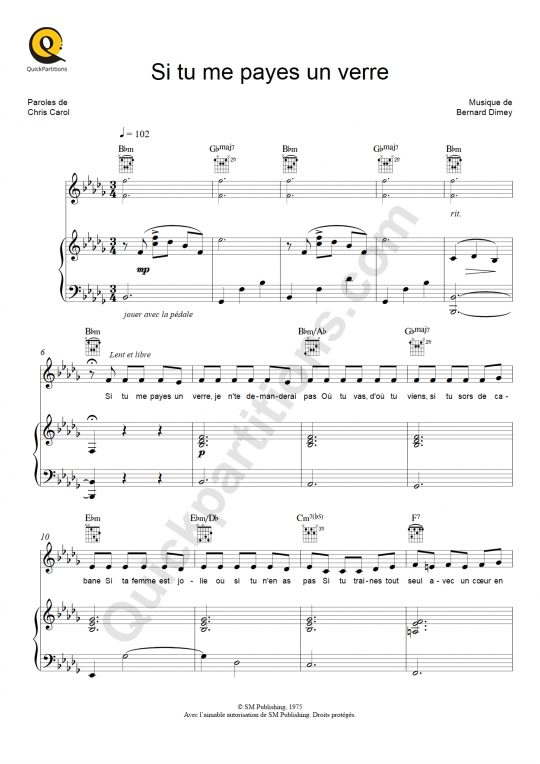Si tu me payes un verre Piano Sheet Music - Serge Reggiani
