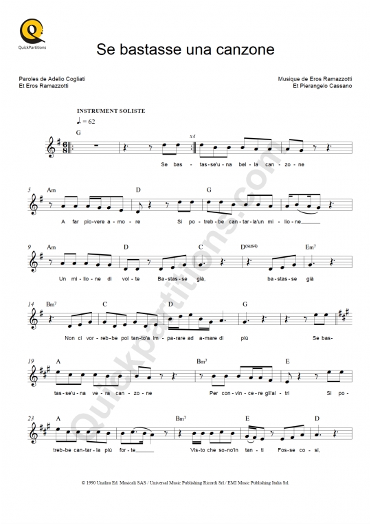 Partition pour Instruments Solistes Se bastasse una canzone - Eros Ramazzotti