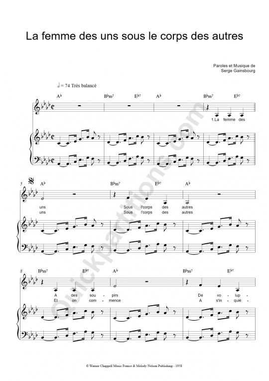Partition piano La femme des uns sous le corps des autres - Serge Gainsbourg