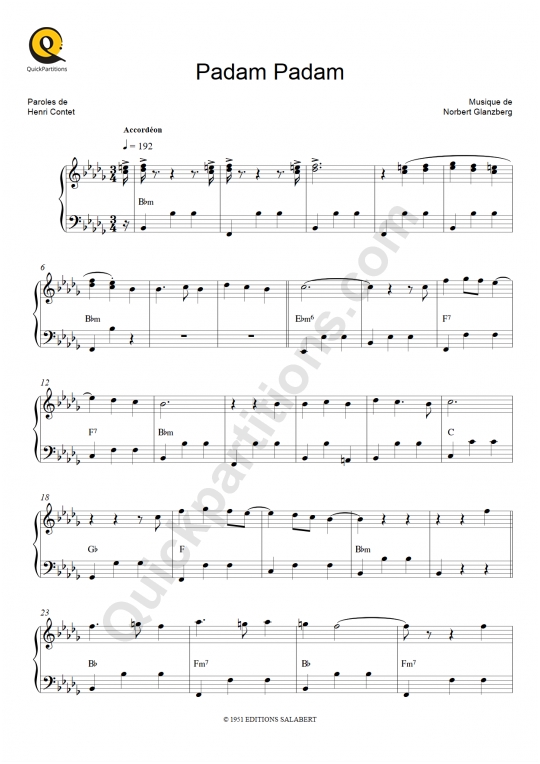 Partition accordéon Padam Padam - Edith Piaf