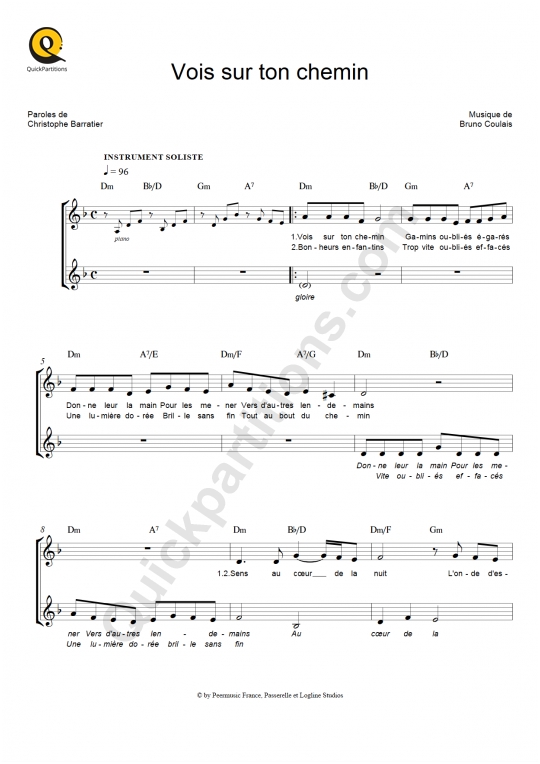 Partition pour Instruments Solistes Vois sur ton chemin - Les Choristes ( Partition Digitale)