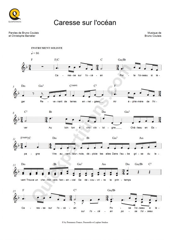 Partition pour Instruments Solistes Caresse sur l'océan - Les Choristes ( Partition Digitale)