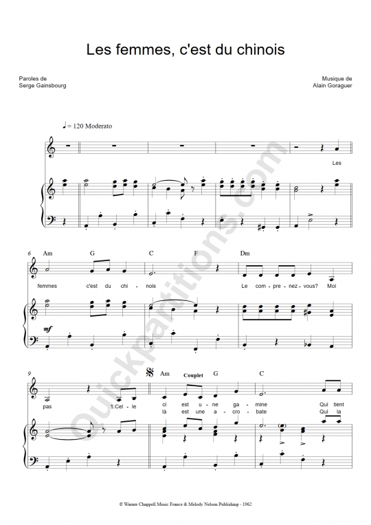 Partition piano Les femmes, c'est du chinois - Serge Gainsbourg