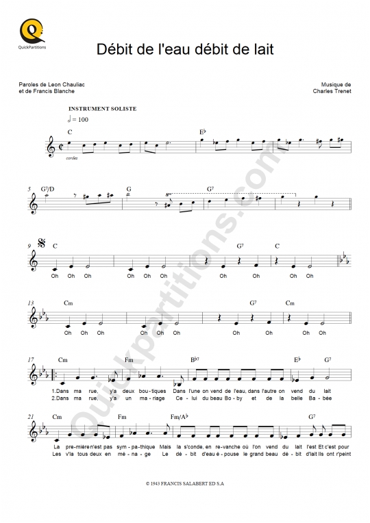 Partition pour Instruments Solistes Débit de l'eau débit de lait - Charles Trenet
