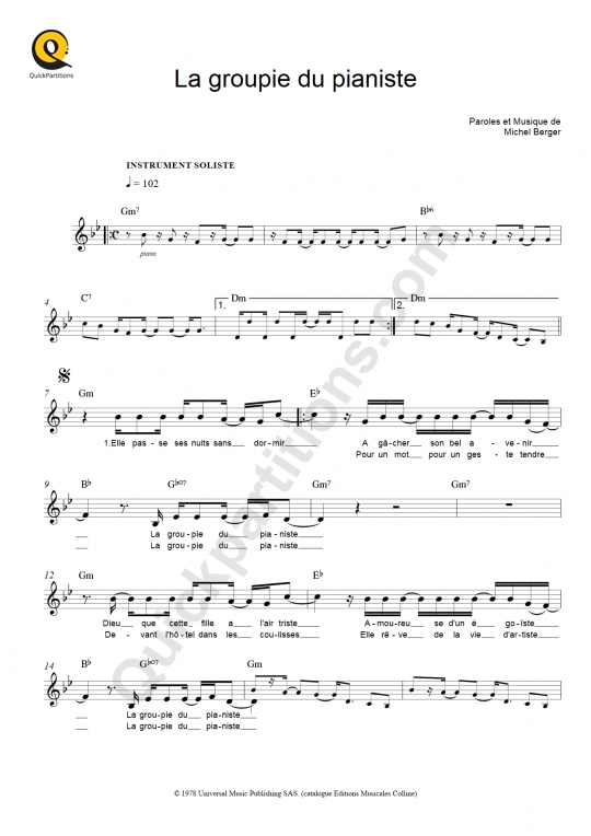 La groupie du pianiste Leadsheet Sheet Music - Michel Berger