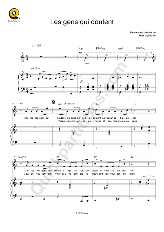 Les gens qui doutent Piano Sheet Music from Anne Sylvestre