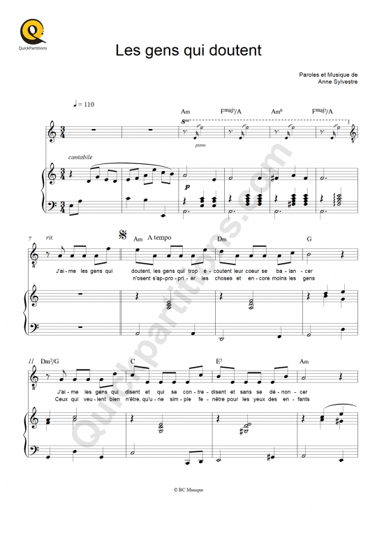 Les gens qui doutent Piano Sheet Music - Anne Sylvestre